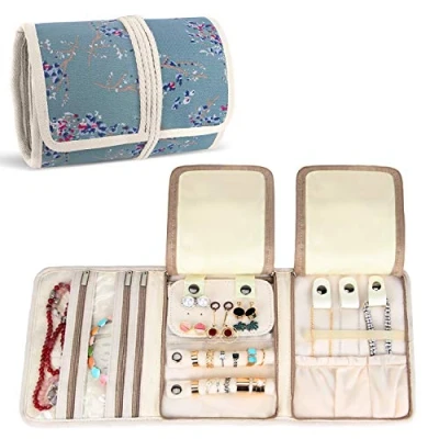 Image of Teamoy Jewellery Roll, Travel Organiser for Necklaces, Earrings, Bracelets, Brooches and more, Wrap with Various Departments, Plum Flowers