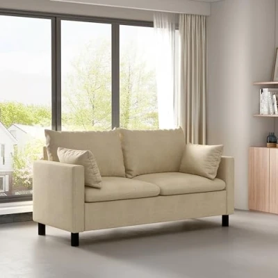 Image of mcc direct 2 Seater Sofa, Linen Fabric Loveseat Couch Settee with Armrests, Wood Legs for Living Room, Office, Bedroom Laura (Beige)