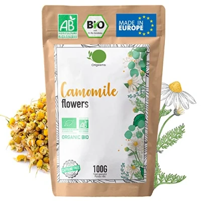Image of ORIGEENS Organic Chamomile Tea Sourced in Europe, 100g Camomile Whole Flower, Digestion &amp; Sleep Easy Flowers Wild