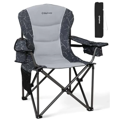 Image of KingCamp XL Camping Chairs for Adults, Heavy Duty Folding Chair Up to 452 lbs, Padded Camp with Armrest/Cooler Bag/Lumbar Back/Cup Holder, High Back Garden Beach, Grey