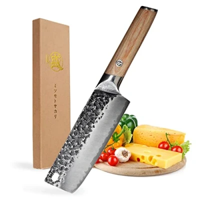 Image of MITSUMOTO SAKARI Japanese Chef&#039;s Knives, 7 inch Professional Hand Forged Kitchen Knife, High Carbon Stainless Steel Asian Vegetable Knife (Pakkawood Handle)