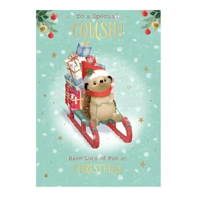 Image of Cousin Christmas Card for Boys Special Hedgehog and Sledge Artistic Festive Design Finish Made in the UK Eco Friendly