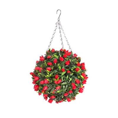 Image of Best Artificial TULIP Flower Ball Lush Long Leaf Topiary Grass (28cm, Red)