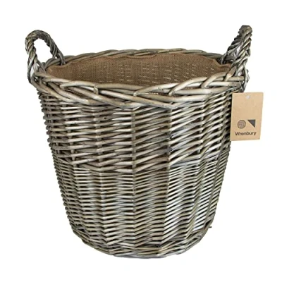 Image of Wrenbury Willow Round Wicker Storage Basket with Hessian Lining Blanket Living Room Traditional Throw Cushion Lined Belly Handles 38cm dia