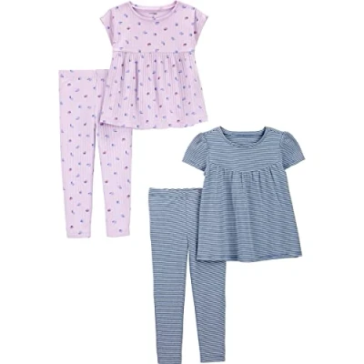 Image of Simple Joys by Carter&#039;s Baby Girls&#039; 4 Piece Playwear Set, Blue Stripes/Lilac Fruit, 18 Months (Pack of 2)
