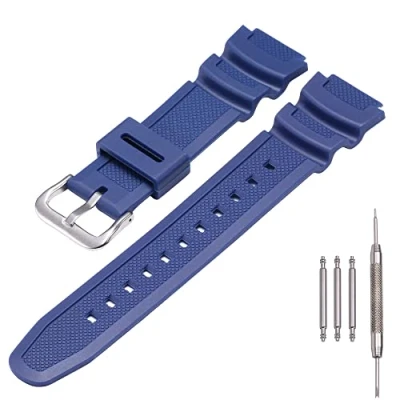 Image of MCXGL Natural Resin Replacement Watch Band Compatible with Casio AE 1200 SGW 300H MRW 200H W 735H Waterproof Rubber strap (Dark blue silver buckle)