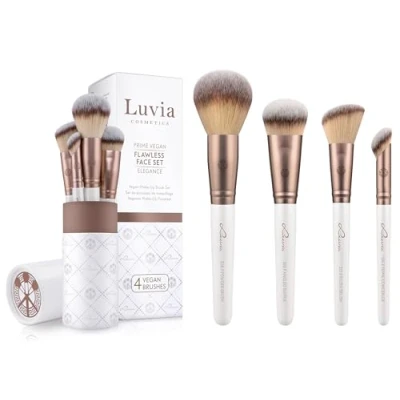 Image of Luvia Make Up Brush Set, Flawless Face 4 Vegan Cosmetic Brushes, Makeup Pearl/Coffee
