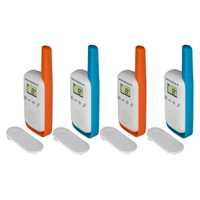 Image of Motorola Solution T42 Quad Talkabout PMR446 2 Way Walkie Talkie Portable Radio’s (One Pack of 4), Blue and Orange