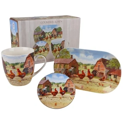 Image of Lesser &amp; Pavey Cockerel Hen Mug Coaster Tray Ceramic For Home or Work Premium Design Set All Occasions Lovely Mug, Macneil Studios