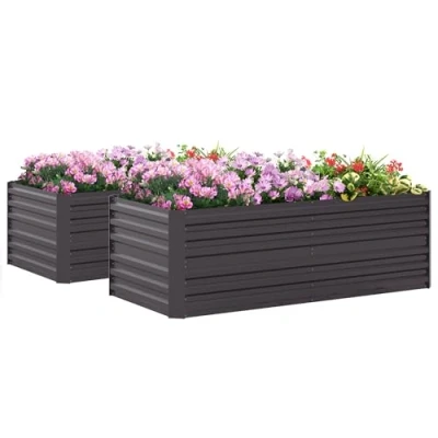 Image of Outsunny Set of 2 Raised Beds for Garden, Galvanised Steel Outdoor Planters with Multi reinforced Rods Vegetables, Plants, Flowers and Herbs, 180 x 90 59 cm, Dark Grey