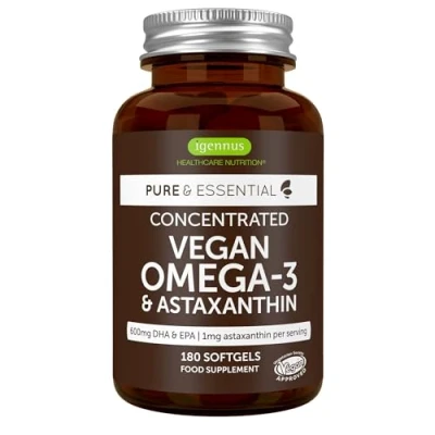 Image of Vegan DHA &amp; EPA Omega 3 Algae Oil Astaxanthin, 180 Small Softgels, 1344mg 3, Pure Sustainable, 400mg 200mg EPA, Clean Label, 90 Servings, by Igennus