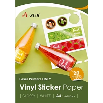Image of A SUB White Glossy Premium Waterproof Printable Vinyl Sticker Paper, Self Adhesive Labels for Laser Printers, A4 Size, 20 Sheets