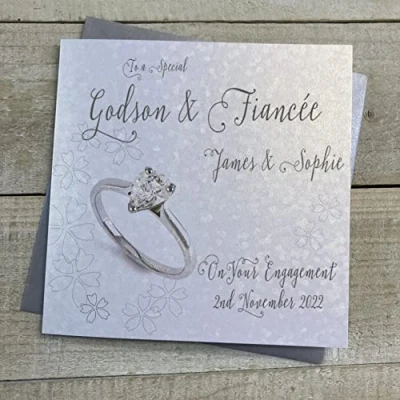 Image of WHITE COTTON CARDS PERSONALISED ENGAGEMENT CARD. ANY RELATION. GODSON &amp; FIANCÉE TEARDROP CUT RING DESIGN. Handmade (P22 98 GODS XP22 GODS)