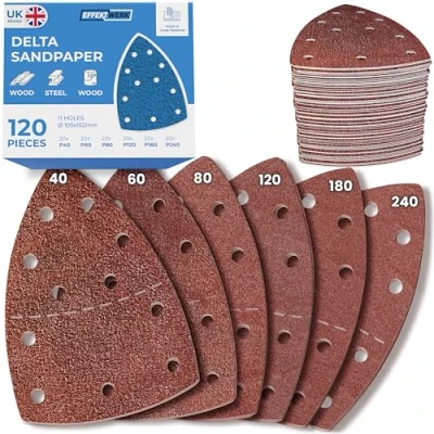 Image of EffektWerk Delta Sandpaper 105x152mm 120 PK, 11 Holes Triangular Sanding Pads for Mouse Sanders Self Adhesive w/Hook &amp; Loop Closure Fine Coarse w/ 40, 60, 80, 120, 180, 240 Grit