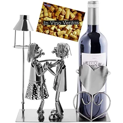 Image of BRUBAKER Wine Bottle Holder Lovers with Lantern for Tealight Metal Sculpture Stand 10.4 inches Gift Couples Couple Greeting Card