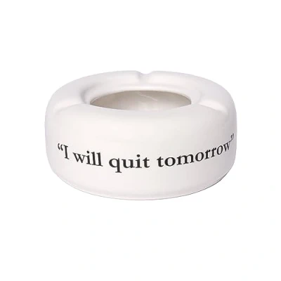 Image of Fisura White ashtray with message &quot;I will qui tomorrow&quot;. Funny for cigarettes indoor. Portable made of ceramic. Dimensions: 10 x10 x4centimeters