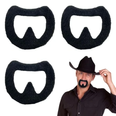 Image of FUIPVGI 3 Pcs Fake Goatee Beard, Self Adhesive Realistic Novelty Fancy Dress Moustache, False Facial Hair Gangster Costume Accessory for Halloween, Cosplay, Parties Masquerade (Black)