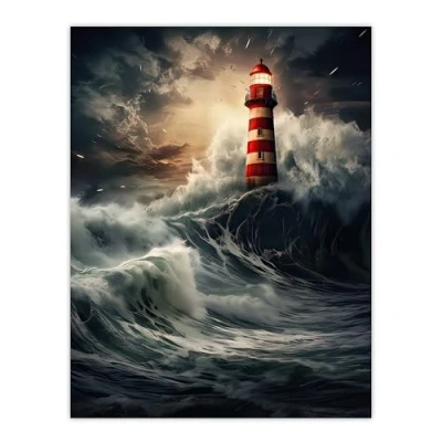 Image of Artery8 Lighthouse Against a Stormy Sea Dramatic Seascape Unframed Wall Art Print Poster Home Decor Premium