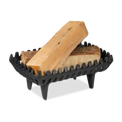 Image of Relaxdays Fireplace Grate, Fire Trestle, HxWxD: 15 x 37 26 cm, Solid, Heavy, Cast, Ash Pan with Feet, Iron, Black