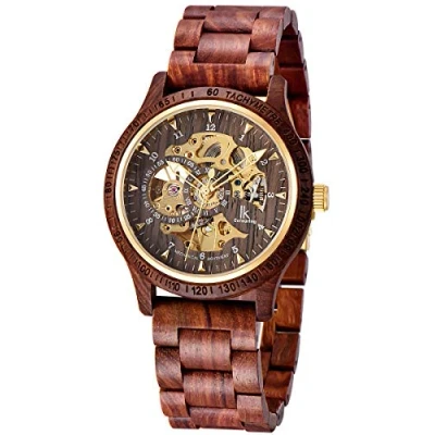 Image of Alienwork Automatic Men&#039;s Watch Red Wood Strap Black Skeleton Natural