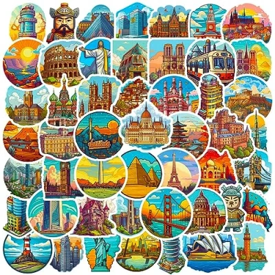 Image of World Landmark Stickers for Laptop (50 PCS),Gift Children Teens Adults Girl Boys,Waterproof Water Bottle,World Travel Vinyl Scrapbook,Skateboard,Bike,Phone,Dairy