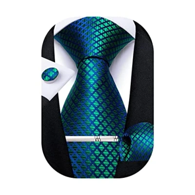 Image of Teal Tie Plaid Necktie Silk Woven Cufflinks Set for Men Designer(Size: One Size)