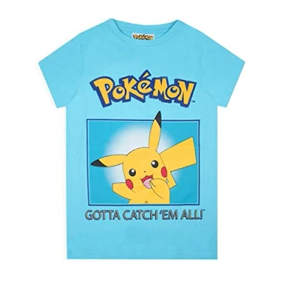 Image of Pokemon T Shirt Boys &amp; Girls Pikachu Gotta Catch Em All Character Kids Blue Top Childrens Gaming Clothes Merchandise Gift 12 13 Years