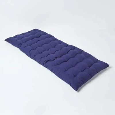 Image of HOMESCAPES Navy Blue Garden Bench Cushion 2 Seater Seat Pad for Patio Furniture Kitchen or Dining Indoor &amp; Outdoor Use Comfortable 100% Cotton Modern Tufted Style Thick 108cm Wide