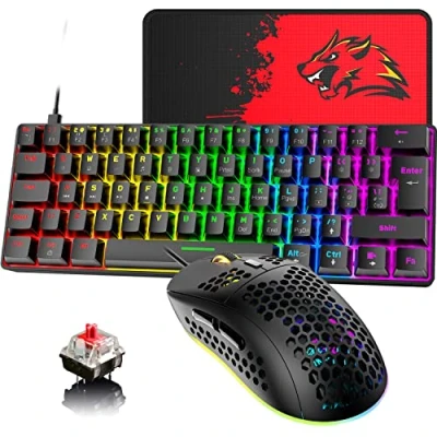 Image of 60% UK Layout Wired Gaming Keyboard and Mouse 62Keys Mini Compact Mechanical Keyboard, 19 Rainbow Backlit Full Anti ghosting Keys+6 RGB 6400 DPI Lightweight (Black/Red Switch)