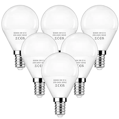Image of EvaStary E14 LED Light Bulb, Small Edison Screw Golf Ball 5W (Equivalent to 40W), SES Bulbs Cool White 6000K, G45 P45 Non Dimmable, 220 240V, Pack of 6
