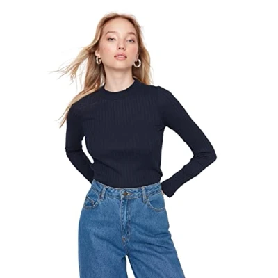 Image of Trendyol Women Fitted Bodycon Crew Neck Knit Blouse Navy Blue