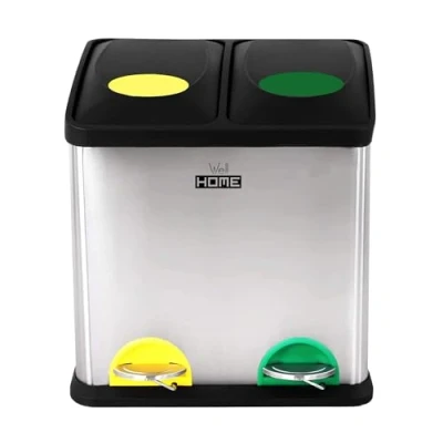 Image of Wellhome 16 Litre Eco 2 Compartments, Recycling Rubbish Bins, Large Capacity, for Paper, Glass and Plastic, Ideal Home/Office/Indoor/Outdoor, Silver (Chrome), 16L [Amazon Exclusive]