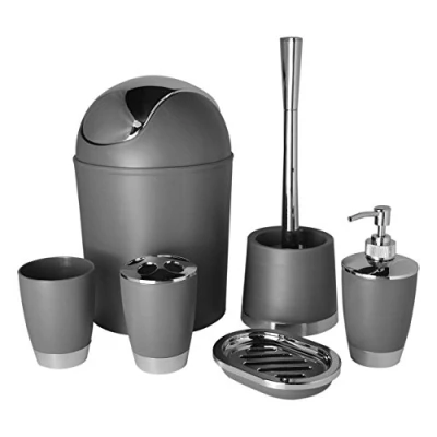 Image of Bathlux Modern Design 6 Piece Bathroom Accessory Set, Toilet Brush, Waste Bin, Soap Dish, Tooth Brush Holder Dispenser, Rinse Cup (Grey)
