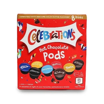 Image of Celebrations Hot Chocolate Dolce Gusto Compatible Pods Twix, Mars, Bounty, Snickers, Galaxy, Malteser, Milky Way &amp; Galaxy Caramel Capsules 1 Box, 8