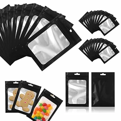 Image of 200Pcs Black Foil Ziplock Bags 10x15cm Baggies, Resealable Mylar Bag, Holographic Pouch Bag with Clear Window for Food Storage Candy Snack Jewelry Lash Lip Gloss