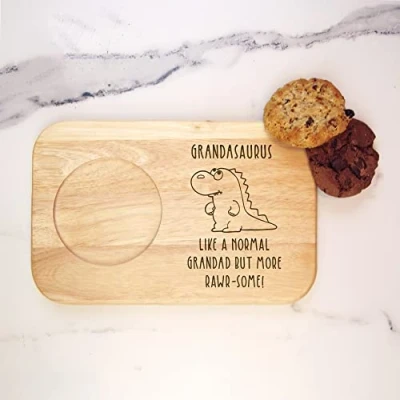Image of eBuyGB Grandasaurus Tea &amp; Biscuits Board, Wood Dinosaur Coffee Treat Father&#039;s Day Gift, Grandad Birthday Present for Grandfather