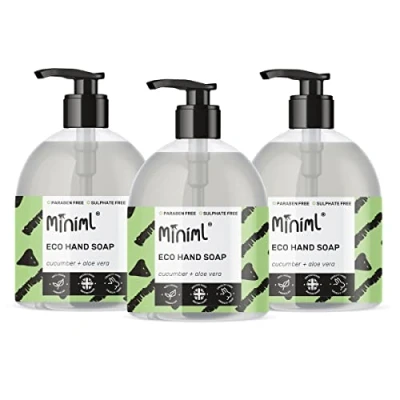 Image of Miniml Hand Soap Wash Liquid 3 x 500ml Cucumber &amp; Aloe Vera Infused Eco Friendly Hand, Skin Body Gel for Soft and Sensitive Care 100% Vegan Cruelty Free