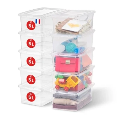Image of Iris Ohyama Versatile Storage Boxes, 5L, Set of 10, Clear, Easy Latch, Stackable, Transparent Plastic, For Closet, Shelves, Classroom, Organisation, Toys, Art Supplies, Shoes, CNL 5
