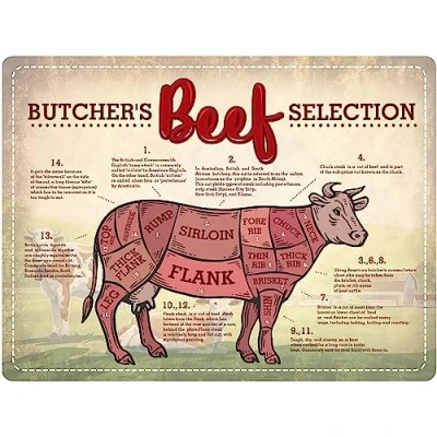 Image of DODINO 30 x 40 cm, Butchers Selection, Retro Metal BBQ Wall Sign Tin Vintage Cow Cutting Beef Kitchen