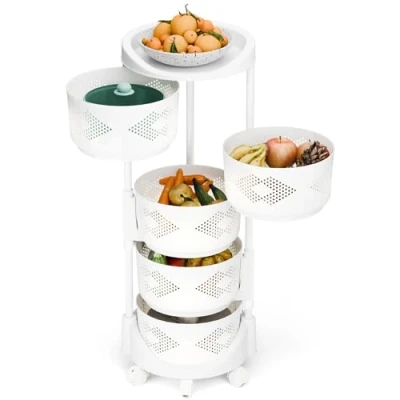 Image of Fruit Vegetable Basket Rack, 5 Tier Rotating Storage Shelves Kitchen Trolley Cart for Circular Plastic Mesh Fruits Veg Rack Stand Shelf with Casters (White)