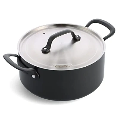 Image of GreenPan Craft Healthy Ceramic Non Stick 24 cm/4.9 Litre Stock Pot with Lid, PFAS Free, Metal Safe, Cast Stainless Steel Handles, Induction Suitable, Oven Black, Casserole