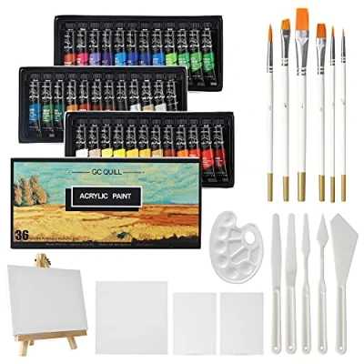 Image of 36 Colours Acrylic Paint Set 12ml x36 Tubes with Brushes, Palette Knives,Canvas, Easel, for Artist on Wood, Ceramic, Fabric, Crafts GC APK36