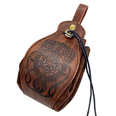 Image of HiiFeuer Medeival Faux Leather Pouch, Portable Drawstring Purse, Vintage Belt Pouch Dice Bag for LARP Ren Faire (Dragon Brown)