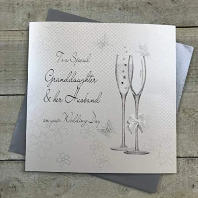 Image of WHITE COTTON CARDS Large Champagne Flutes to a Special Granddaughter &amp; Her Husband Day Handmade Wedding Card, XBD82