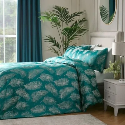 Image of Laurence Llewelyn Bowen Teal Peacock Feathers Duvet Cover King Bedding Size (230 x 220cm) 2 Pillowcases Jacquard Set in Luxury Bird 4% Metallic