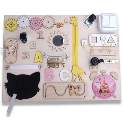 Image of NOVECRAFTO Wooden Busy Board For Toddlers, Activity Board, Sensory Toys Girls, Early Education Toddler Toys, Travel Learning Gift 2 Year Olds Girls