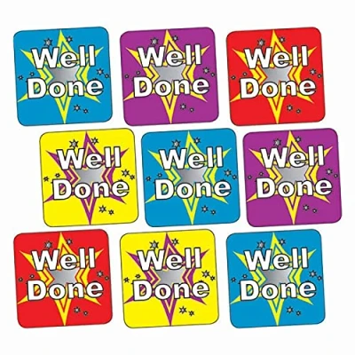 Image of 560 Metallic Shiny Square Well Done Motivational Childrens Pupils School Teachers Praise Reward Stickers Value Pack 16mm Primary Teaching Services