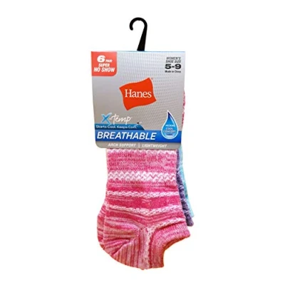 Image of Hanes Women&#039;s Lightweight Breathable Super No Show Socks 6 Pair Pack, Pink/Grey Accent Design, Shoe Size: 5 9