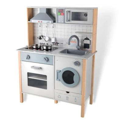Image of Wooden Children&#039;s Kitchen, Play Kitchen with Sink Stove Oven, Toy Made of Wood Accessories for Children from 3 Years (Grey)