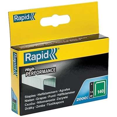 Image of Rapid High Performance Staples for Insulation, Thin Plastics, Cardboard and Carpets Flatwire No. 140, Leg Length 14mm, Staple Gun Staples, Galvanised Steel, 2000 Pieces, Boxed (11915631)